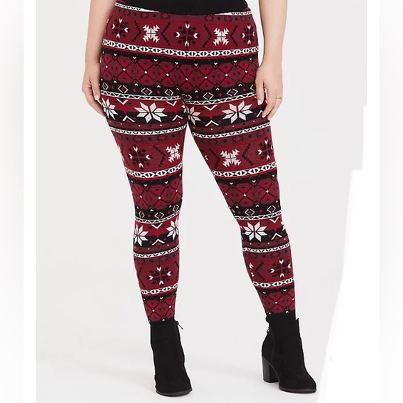 Torrid Red Fair Isle Full Length Sweater Knit Leggings 2 - Picture 2 of 8